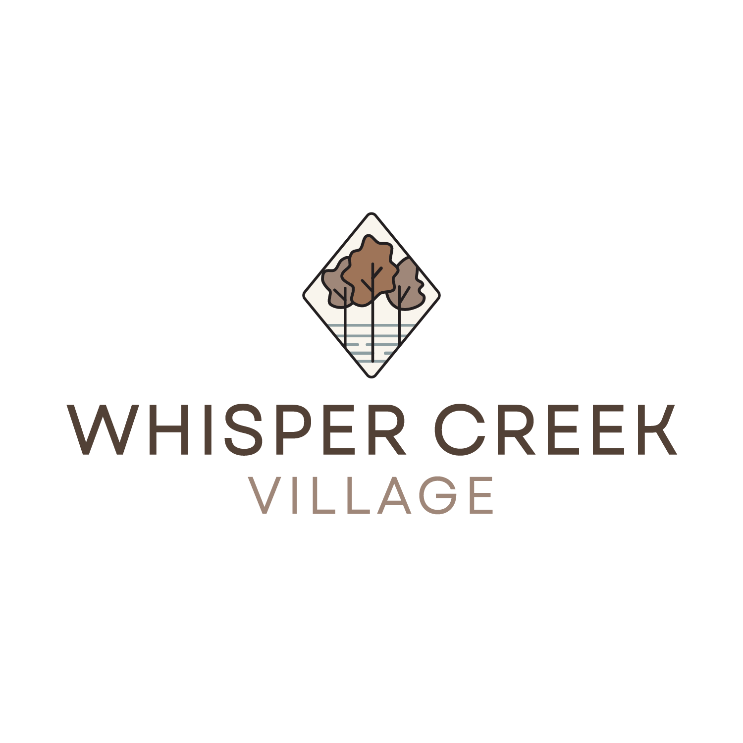 A logo with the text "Whisper Creek Village" and a diamond shape with a tree inside.